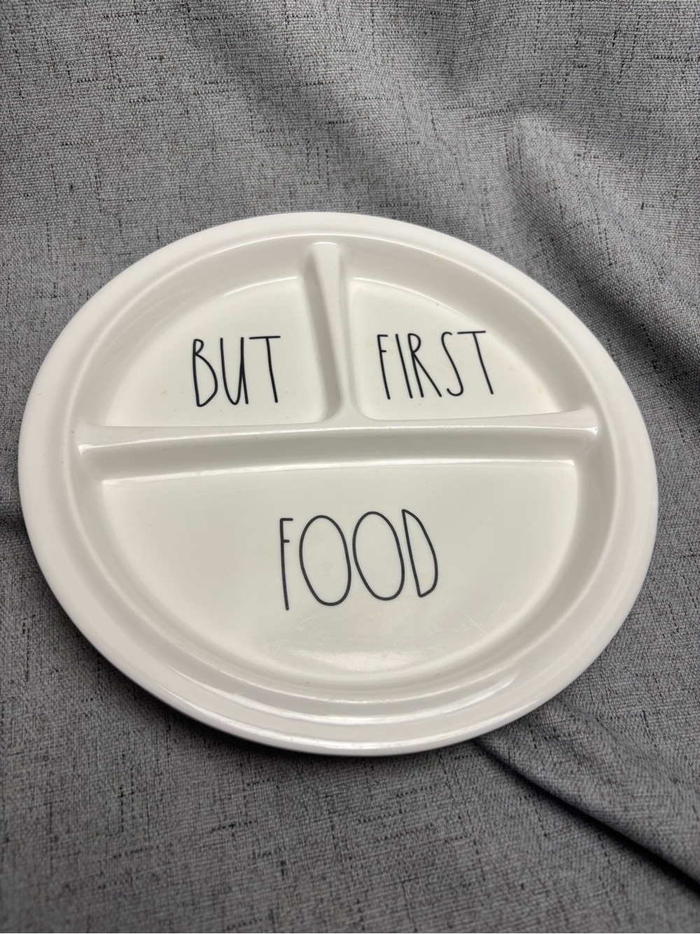 Rae Dunn White Divided Plate with 'BUT FIRST FOOD' Lettering